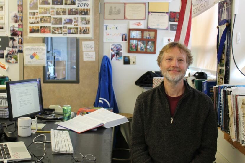 Science teacher Ben Carney sits in his classroom in Juneau-Douglas High School on Friday, Aug. 17, 2018. (Photo by Adelyn Baxter/KTOO)