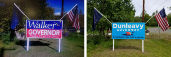 These two photos appear in a lawsuit challenging the state law prohibiting advertising near state highways. Palmer resident Eric Siebels displayed the sign on the left in 2014. He kept the frame in place and displayed the sign on the right this year. The lawsuit says he's concerned the Department of Transportation will remove the Dunleavy sign. (Photos courtesy of Eric Siebels)