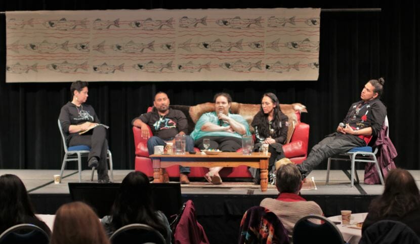 Indigenous artists discuss social justice and the arts at a Social Justice Summit in Juneau hosted by the First Alaskans Institute on Sept. 25, 2018. From left to right: host Ayyu Qassataq, and artists Steve Qacung Blanchett, Vera Starbard, Irene Goodiarook Bedard, and Nicholas Yéil Ya-Tseen Galanin.
