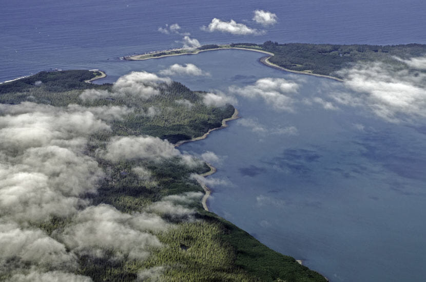 The mouth of Lituya Bay in Southeast Alaska, pictured here on July 22, 2011, opens to the Gulf of Alaska.