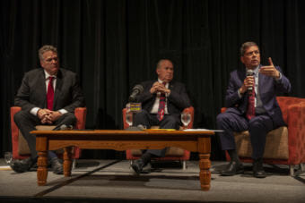 Gubernatorial candidates Mike Dunleavy, Bill Walker, and Mark Begich introduce themselves at a Juneau Chamber of Commerce forum on Thursday, September 6, 2018, in Juneau, Alaska. (Photo by Rashah McChesney/Alaska's Energy Desk)