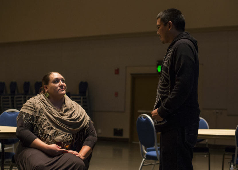 Presenter Prairie Rose Seminole talks with Samuel Johns following the "Voting Rights 1010: Achieving Equity in Civic Empowerment" break out session at the First Alaskans Institute Social Justice Summit at Centennial Hall on Monday, September 25, 2018. (Photo by Annie Bartholomew/KTOO)