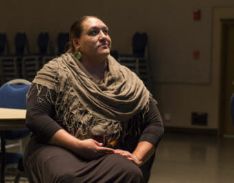 Presenter Prairie Rose Seminole talks with Samuel Johns following the "Voting Rights 1010: Achieving Equity in Civic Empowerment" break out session at the First Alaskans Institute Social Justice Summit at Centennial Hall on Monday, September 25, 2018. (Photo by Annie Bartholomew/KTOO)
