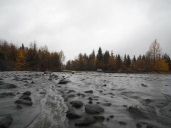 Mud and debris covered the road at milepost 23 on the Haines Highway on Sunday. (Photo by Lynn Cambpell)