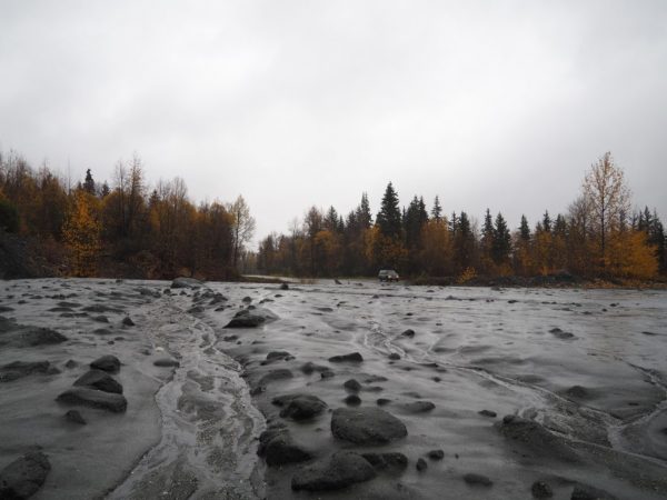 Mud and debris covered the road at milepost 23 on the Haines Highway on Sunday. (Photo by Lynn Cambpell)