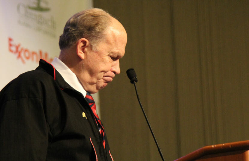 Gov. Bill Walker gets emotional addressing the resignation of his lieutenant governor during his address to the Alaska Federation of Natives at the Dena’ina Center in Anchorage on Oct. 18, 2018.