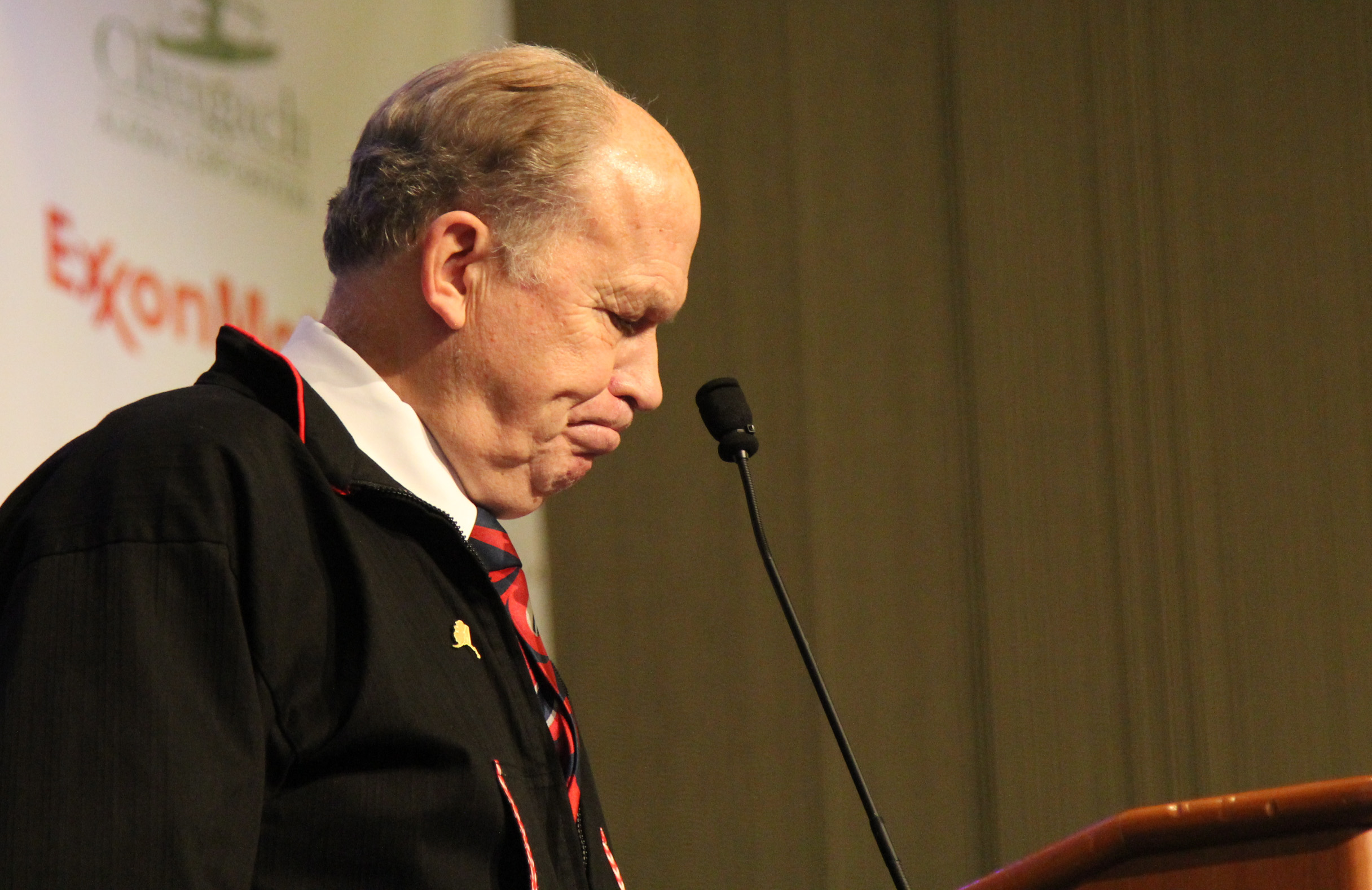 Gov. Bill Walker gets emotional addressing the resignation of his lieutenant governor during his address to the Alaska Federation of Natives at the Dena’ina Center in Anchorage on Oct. 18, 2018.