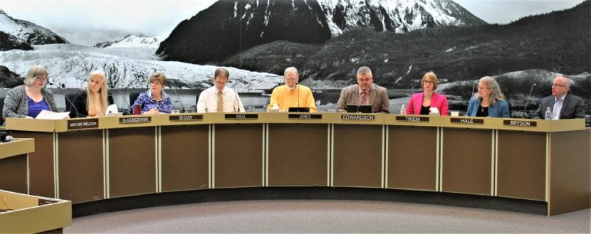 The new Juneau Assembly at its first meeting on Oct. 15, 2018. From left: Mayor Beth Weldon, Maria Gladziszewski, Mary Becker, Jesse Kiehl, Loren Jones, Rob Edwardson, Carole Triem, Michelle Bonnet Hale and Wade Bryson. (Photo by Adelyn Baxter/KTOO)