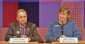 Independent Chris Dimond, left, and Democrat Sara Hannan listen during a League of Women Voters of Juneau candidate forum for Juneau-area legislative candidates @360 on Tuesday, Oct. 9, 2018. They're both seeking the House District 33 seat in the Alaska Legislature.