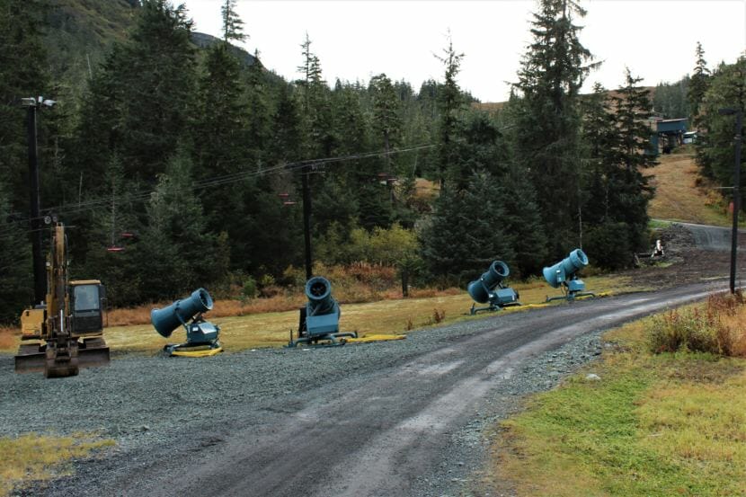 Eaglecrest Ski Area bought six new snowmaking machines this year to expand their snowmaking operations. (Photo by Adelyn Baxter/KTOO)