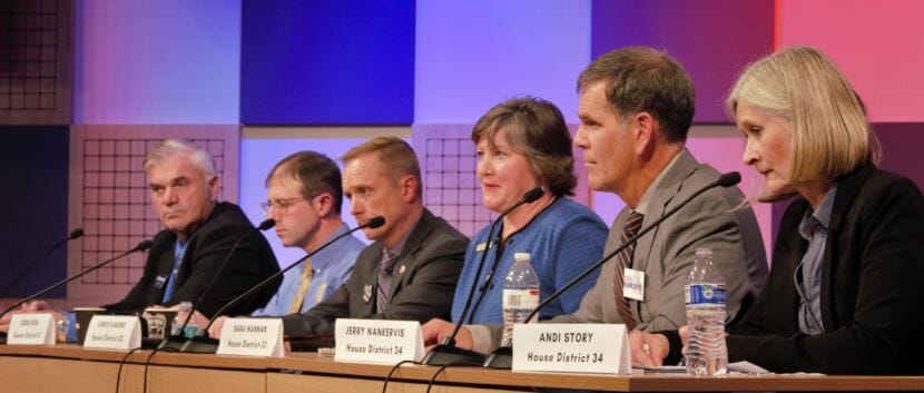 The Juneau-area candidates for the Alaska Legislature listen to the moderator's question during a League of Women Voters of Juneau candidate forum @360 on Tuesday, Oct. 9, 2018. From left to right: independent Senate District Q candidate Don Etheridge, Democratic Senate District Q candidate Jesse Kiehl, independent House District 33 candidate Chris Dimond, Democratic House District 33 candidate Sara Hannan, Republican House District 34 candidate Jerry Nankervis, and Democratic House District 34 candidate Andi Story.