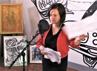 Screen shot of Lily Hope performing her poem "One Square in Inch Chilkat Weaving as part of the 2018 Red Carpet Celebration Sessions.