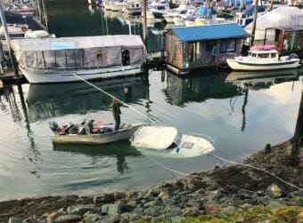 A Bayliner Explorer seen submerged at Harris Harbor on Tuesday, Oct. 30, 2018. (Photo courtesy of Harbormaster Dave Borg)