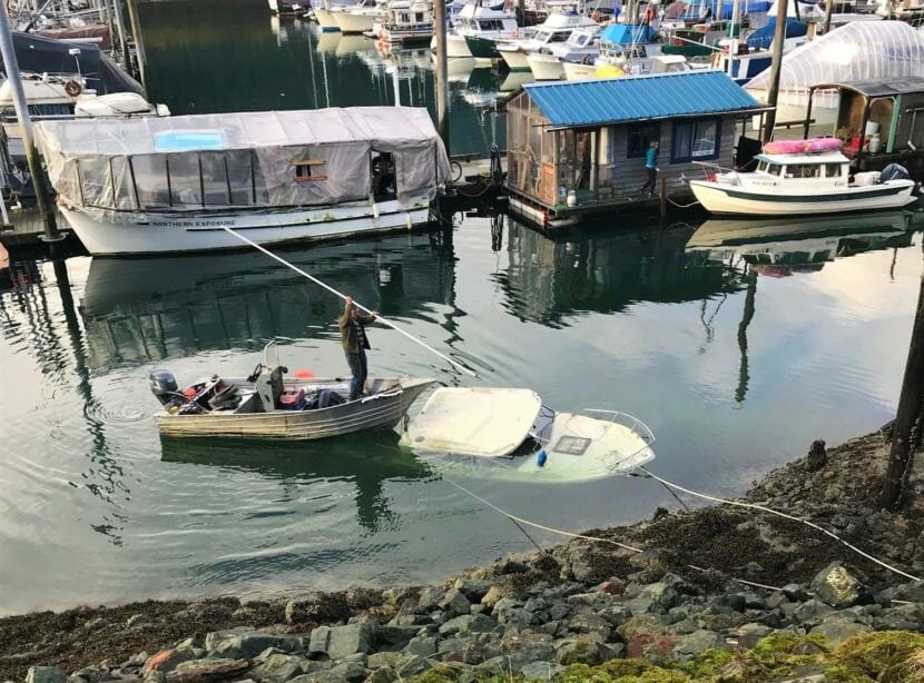 A Bayliner Explorer seen submerged at Harris Harbor on Tuesday, Oct. 30, 2018. (Photo courtesy of Harbormaster Dave Borg)
