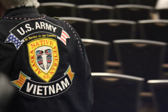 An Alaska Native veteran’s vest at the Alaska Federation of Natives convention in Anchorage, October 18, 2018.