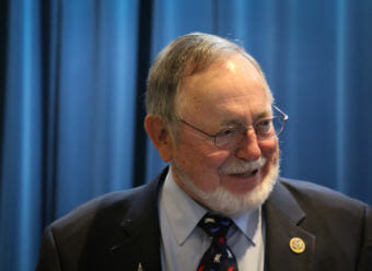 Republican Congressman Don Young at the Egan Center on election night. Young has a large lead over his opponent, independent Alyse Galvin. (Photo by Zachariah Hughes, Alaska Public Media)