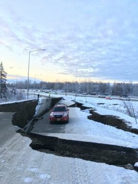 The Minnesota Dr. airport off-ramp buckled by an earthquake in Anchorage, Alaska, on Nov. 30, 2018. (Photo by Nat Herz/Alaska's Energy Desk)