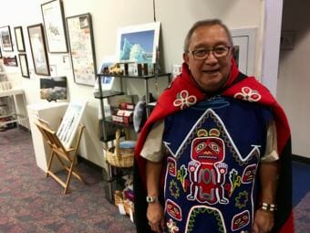 Jim Thomas, Khatsati, Shaayegun in his Tlingit regalia at the Voices of Our Ancestors language summit in Nov. 2018. (Photo by Zoe Grueskin/KTOO)