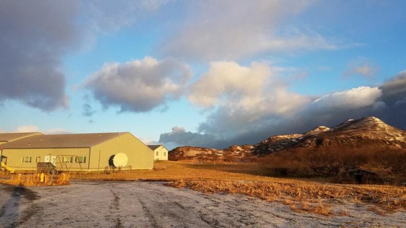 A plume of ash erupted from the Veniaminof volcano and traveled past the village of Perryville on Nov. 21, 2018.