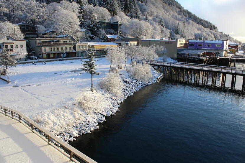 The Archipelago Lot sits between the downtown library and Pier 49 on South Franklin Street. The proposed land exchnage would see the tidelands decked over to create a pedestrian plaza and bus staging area. (Photo by Adelyn Baxter/KTOO)