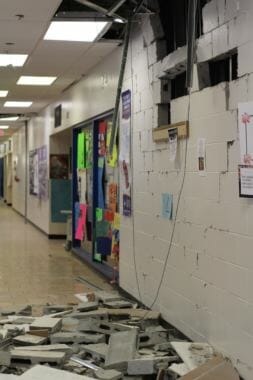 Parts of the walls at Hanshew Middle School in Anchorage fell to the floor during the earthquake on Friday, Nov. 30, 2018.