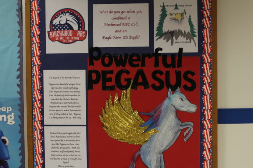 The billboard at Birchwood ABC Elementary, highlighting the mascots — and new combined mascot — of the students attending.