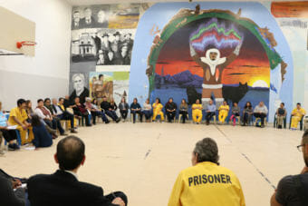 Community members gathered for a conversation at Anvil Mountain Correctional Center.