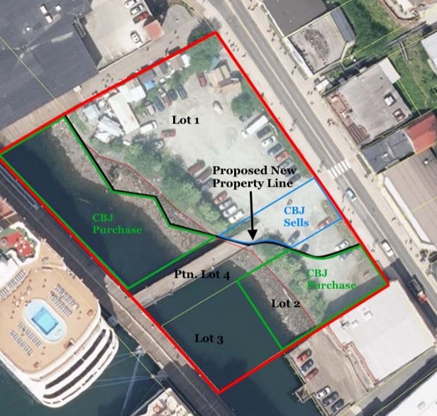 This visual concept of the Archipelago Lot shows proposed new subdivision line and properties to be sold and purchased by Morris Communications and CBJ. (Image courtesy of the City and Borough of Juneau)