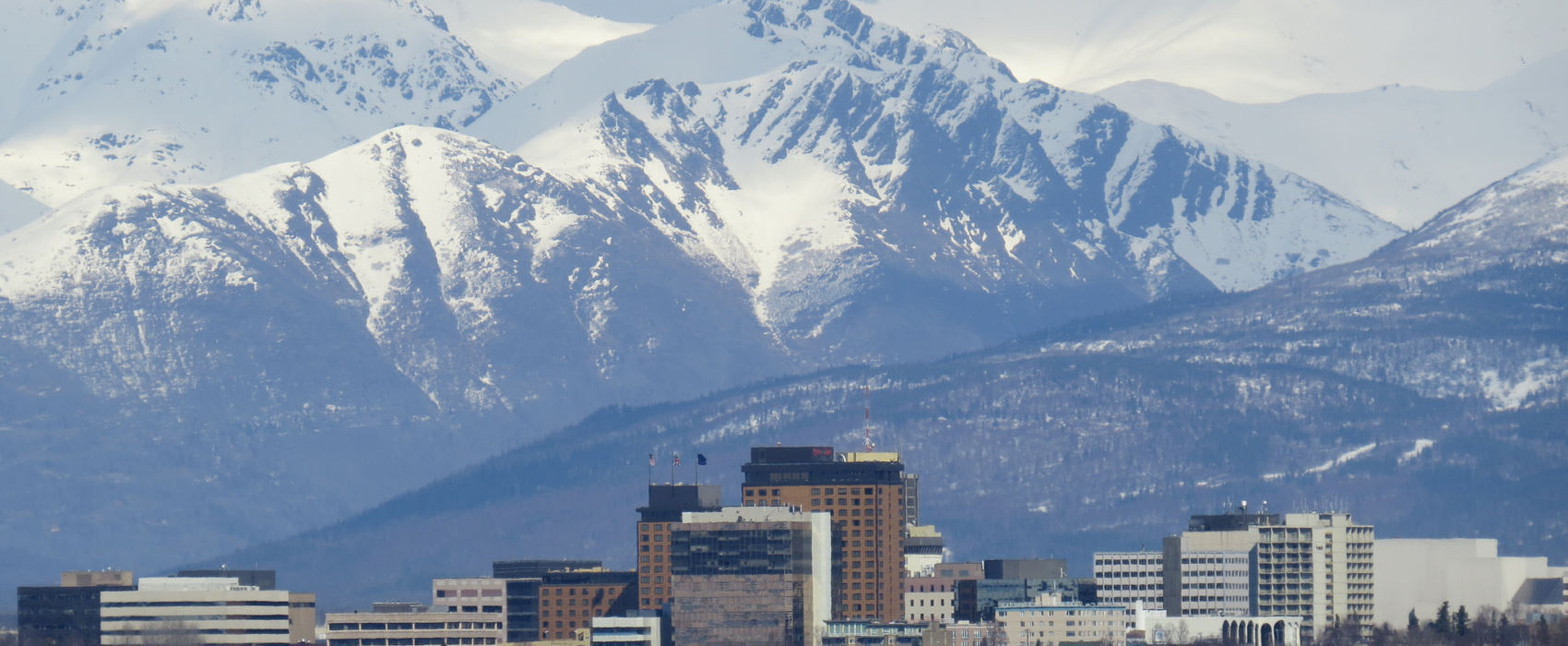Downtown Anchorage seen from just west of Earthquake Park on the Knik Arm of the Cook Inlet.