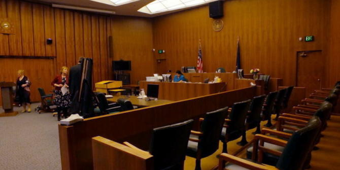 View from near jury box of the courtroom that is part of the Robert Boochever U.S. Courthouse located on the ninth floor of the Hurff Ackerman Saunders Federal Building in Juneau.