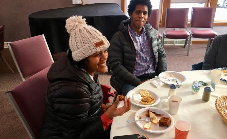 Siblings Tasha Heumann and Justin McKoy both worked for the Forest Service in the past and came out to support furloughed federal workers in Juneau at a fundraiser on Jan. 19, 2019. Heumann said, "Even if you can do something small and come eat a breakfast with your family, it can make an impact." (Photo by Zoe Grueskin/KTOO)