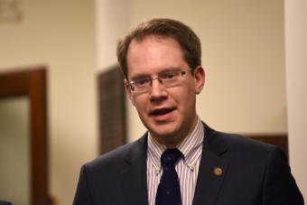Rep. Lance Pruitt, R-Anchorage, speaks with reporters during a House Republican press availability in Juneau following the governor's annual State of the State address on Jan. 22, 2019.