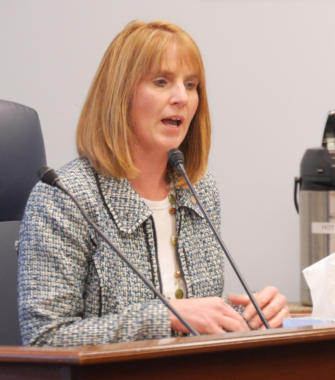 Sen. Nathasha von Imhof, R-Anchorage, talks with reporters at a Senate Majority press availability in Juneau on Jan. 15, 2019.