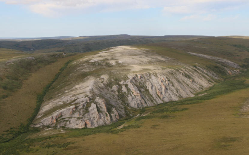 Aerial view of Trail Creek Caves on the Seward Peninsula in Bering Land Bridge National Preserve.
