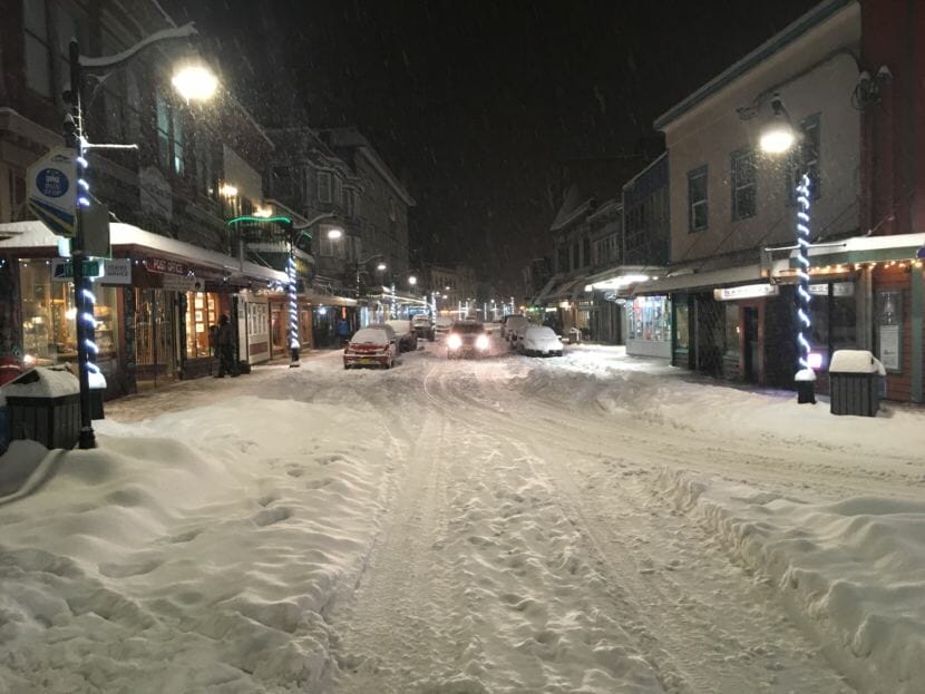 Snow clogs the streets of downtown Juneau during a snowstorm on Jan. 10, 2019.