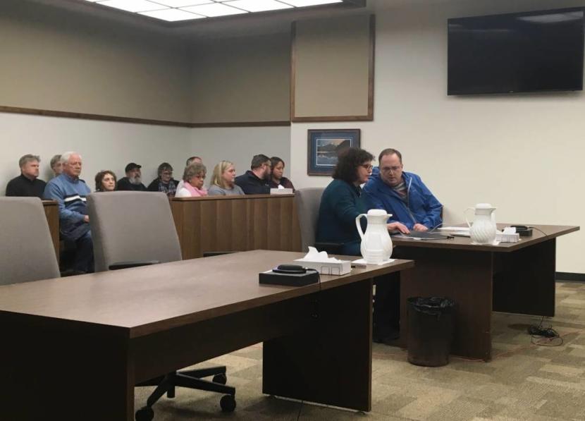 Doug Edwards consults with his attorney, Julie Willoughby, in Ketchikan Superior Court on Feb. 6, 2019.