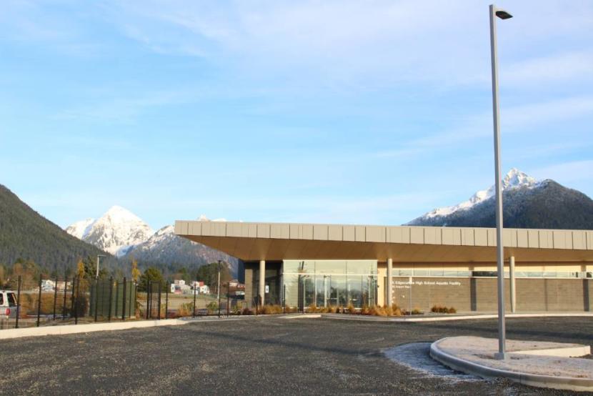 The parking lot outside the Mt. Edgecumbe High School Aquatics Center in Sitka.