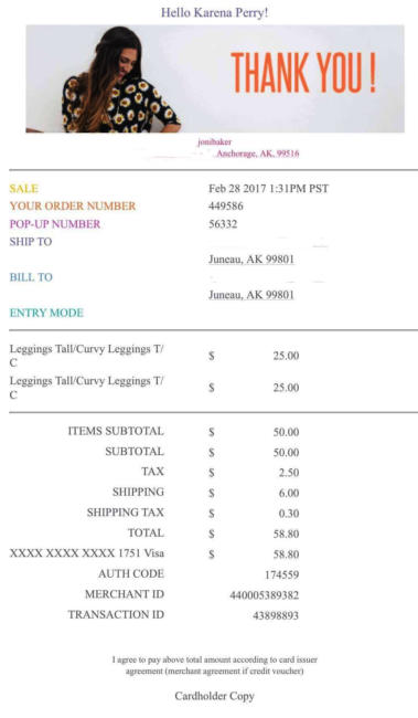Karena Perry's LuLaRoe purchases shows sales tax and shipping tax charges. (Courtesy of Karena Perry)