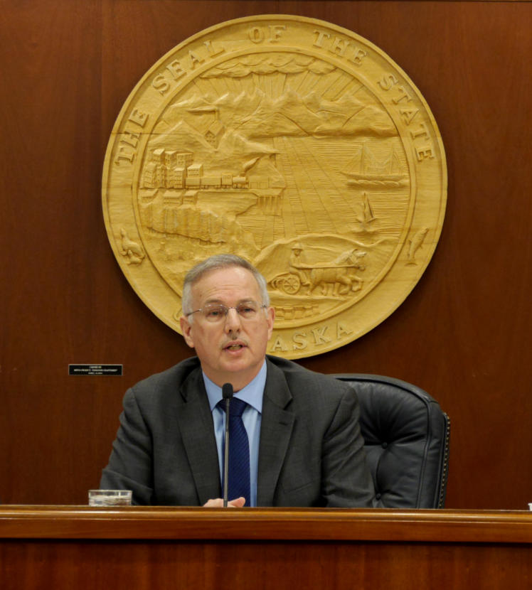 Rep. Bryce Edgmon, I-Dillingham, speaks to members of the House of Representatives immediately after being elected speaker of the House for the 31st Legislature in Juneau on Feb. 14, 2019.