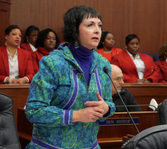 Sen. Shelley Hughes, R-Palmer, speaks introduces guests during a Senate floor session in Juneau on Feb. 8, 2019.