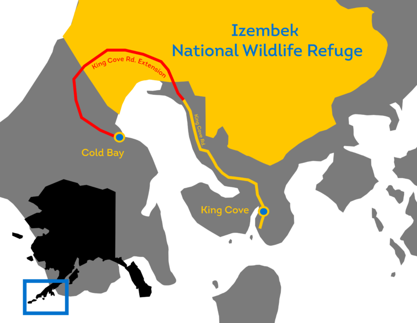 The route of a proposed road from Cold Bay to King Cove.