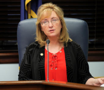 Rep. Colleen Sullivan-Leonard, R-Wasilla, talks to reporters at a House Republican Minority press availability in the Capitol in Juneau on Jan. 29, 2019.
