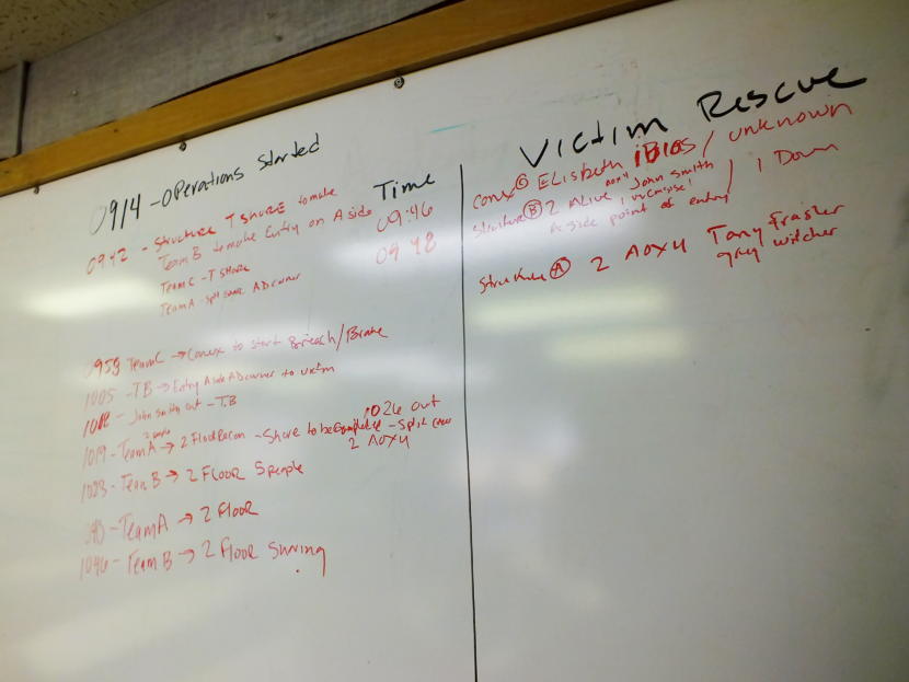 Status board inside a command center indicates number of rescue operations underway and victims who need to be rescued during an urban search and rescue exercise in Juneau on April 12, 2019.