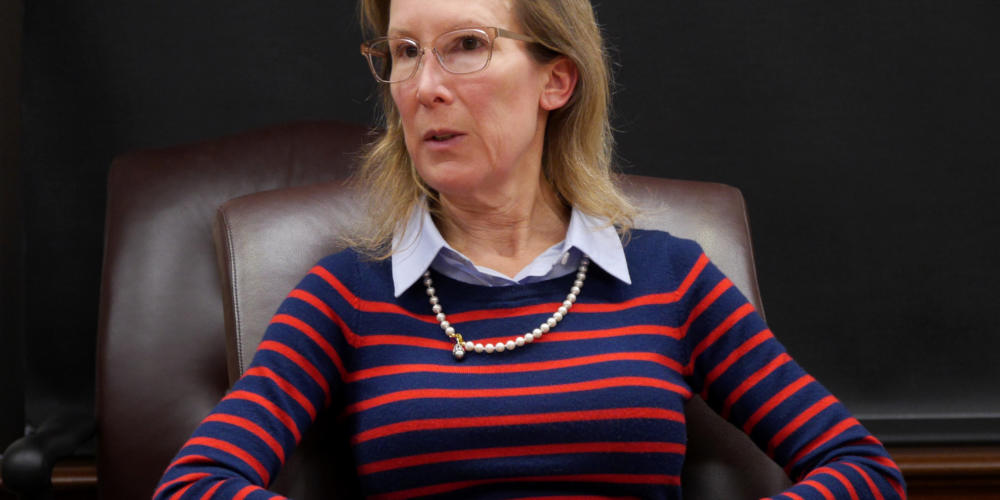 Office of Management and Budget Director Donna Arduin answers questions from the press about the governor’s 10-year budget plan on March 21, 2019. She spoke at a press briefing held in the governor’s cabinet room at the State Capitol in Juneau.
