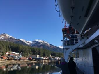 The MV LeConte approaches the dock at the Southeast community of Tenakee Springs on March 28, 2019.