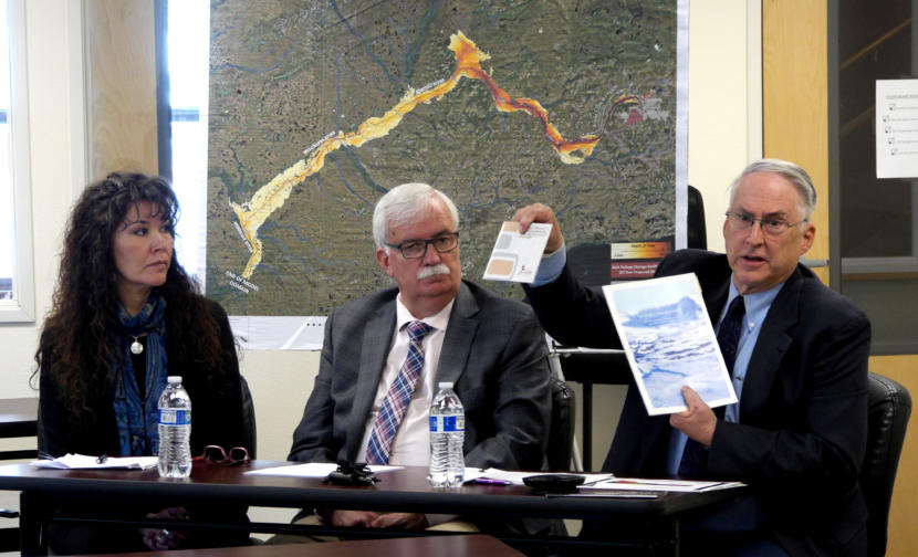 Former Alaska Senate President Rick Halford displays reports from the Pebble Mine Partnership during a press conference in Juneau on April 1, 2019, held to highlight potential harmful impacts to the Bristol Bay region from the proposed Pebble Mine. Halford, who served as a state legislator from 1979 to 2002, was speaking as a paid consultant to Salmon State and the United Tribes of Bristol Bay. Commercial Fishermen for Bristol Bay, Trout Unlimited and United Tribes of Bristol Bay sponsored the meeting.