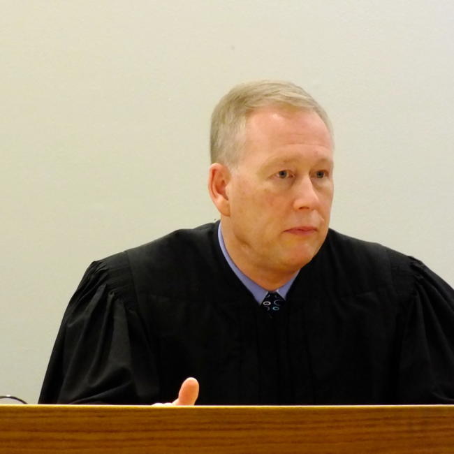 Juneau Superior Court Judge Daniel Schally addresses those who attended his installation ceremony March 29, 2019 at the Dimond Courthouse. (Photo by Matt Miller/KTOO)