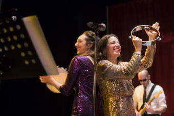 Taylor Vidic and Alison Holtcamp perform on December 31, 2018 at Centennial Hall with Gamble and the high Costa Livin'. (Photo by Annie Bartholomew/KTOO)