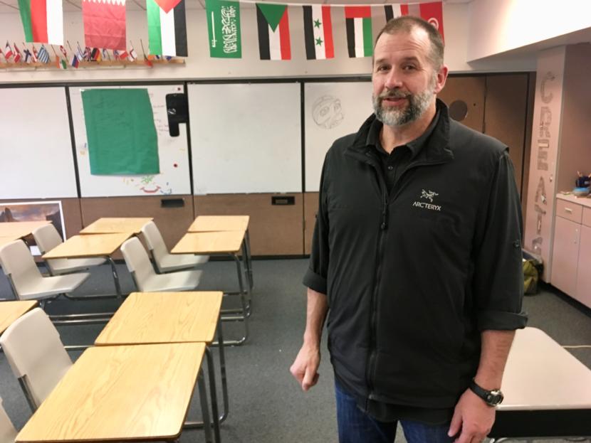 Jay Lloyd in his classroom at Dzantik'i Heeni Middle School on April 17, 2019. (Photo by Zoe Grueskin/KTOO)