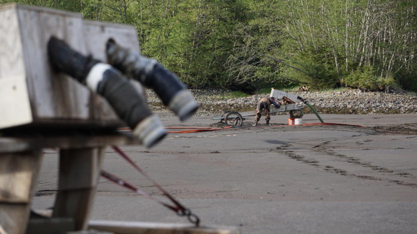 Nathan Brooks checks his sluice box after shutting down his gold dredging operation for the day on the beach near Sheep Creek in Juneau on May 15, 2019. He spent all afternoon out there.
